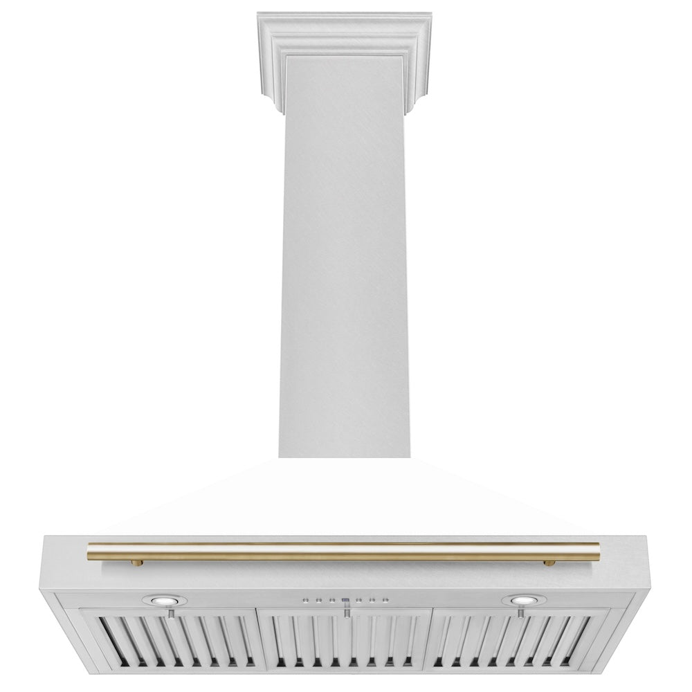 ZLINE 36 in. Autograph Edition Convertible Fingerprint Resistant Satin Stainless Steel Range Hood with White Matte Shell and Polished Gold Handle (KB4SNZ-WM36-G)