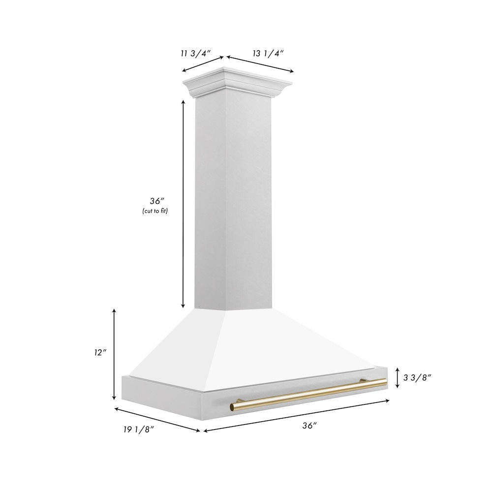 ZLINE 36 in. Autograph Edition Convertible Fingerprint Resistant Satin Stainless Steel Range Hood with White Matte Shell and Polished Gold Handle (KB4SNZ-WM36-G)