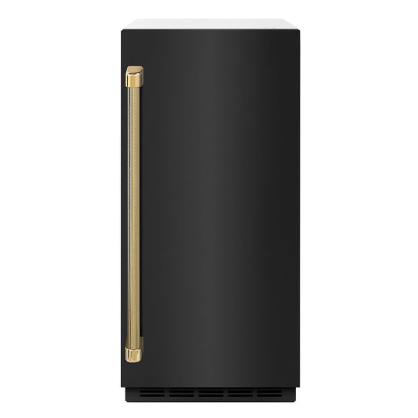 ZLINE Autograph Edition 15 in. Touchstone Gourmet Ice Maker with Drain Pump and Black Stainless Steel Door with Polished Gold Helix Handle (IGMDZ-BS-15-KG)