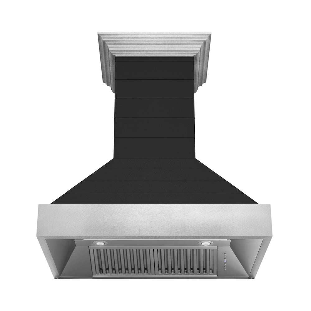 ZLINE 30 in. Wooden Wall Mount Range Hood in Rustic Shiplap Black Finish with Stainless Steel Accents (365CC-30)