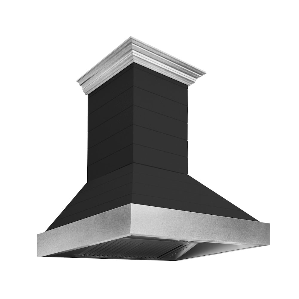 ZLINE 36 in. Wooden Wall Mount Range Hood in Rustic Shiplap Black Finish with Stainless Steel Accents (365CC-36)