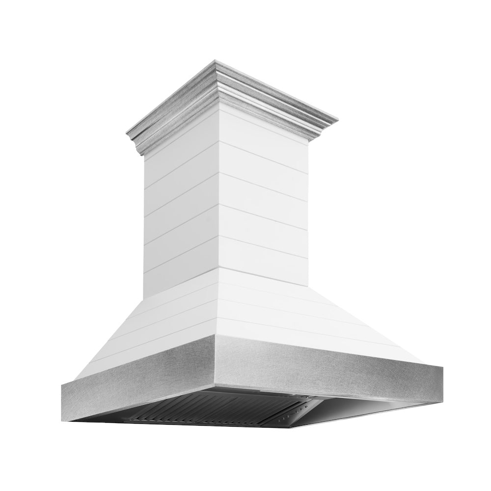 ZLINE 30 in. Wooden Wall Mount Range Hood in Rustic Shiplap Bright White Finish with Stainless Steel Accents (365WW-30)