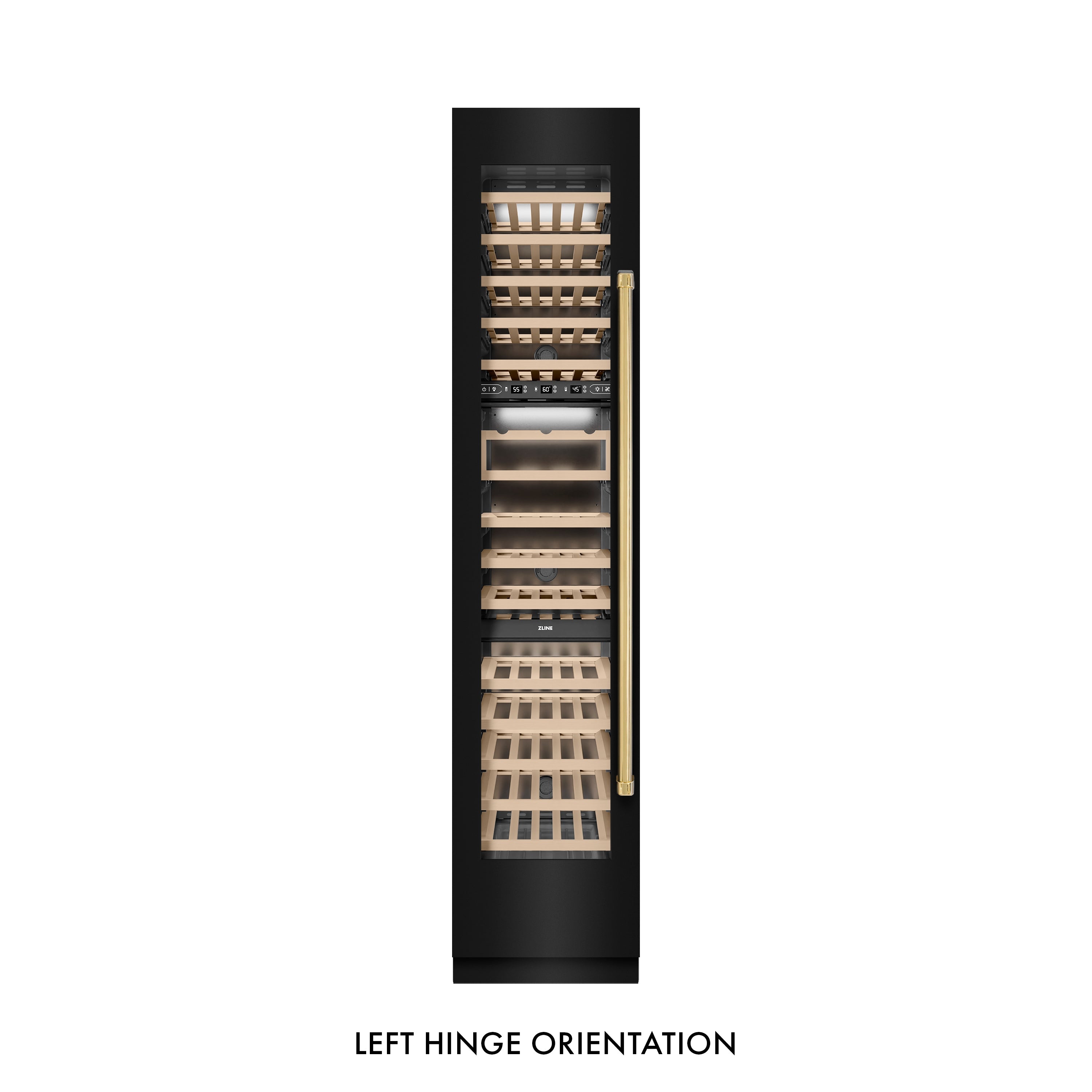 ZLINE Autograph Edition 18 in. 9.0 cu. ft. Triple Zone 68 Bottle Left Hinge Column Wine Cooler in Black Stainless Steel with Polished Gold Accents (RCWVLZ-BS-18-G)