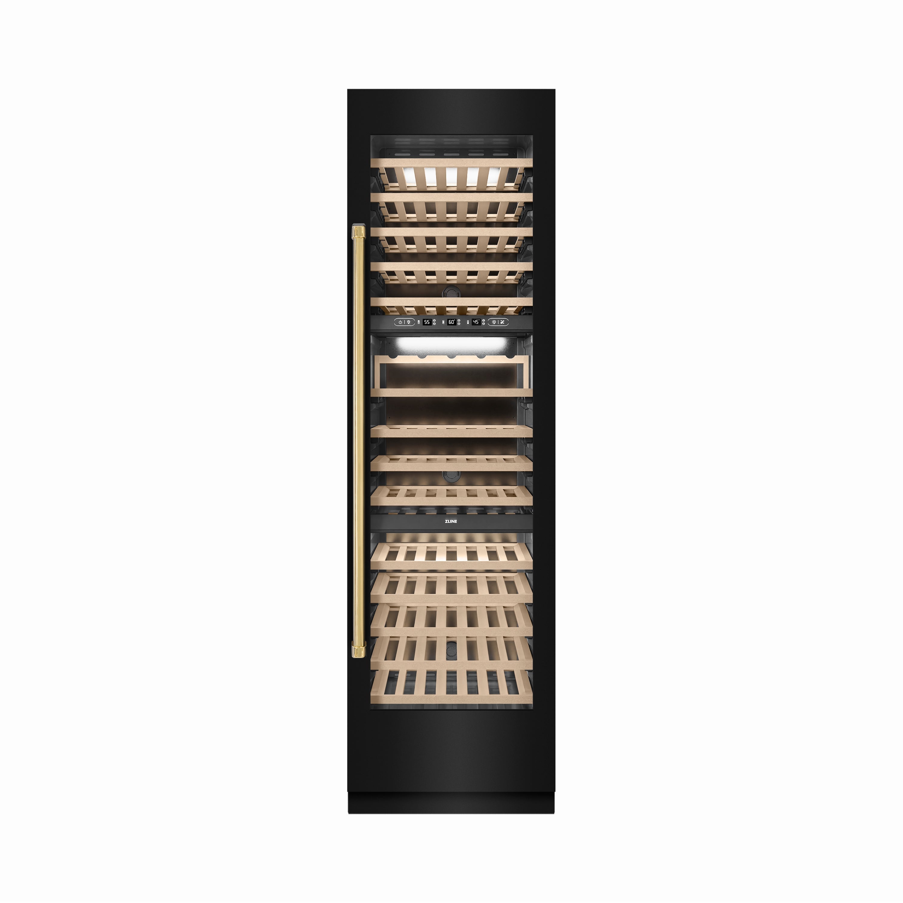 ZLINE Autograph Edition 24 in. 12.4 cu. ft. Triple Zone 100 Bottle Column Wine Cooler in Black Stainless Steel and Polished Gold Accents (RCWVZ-BS-24-G)