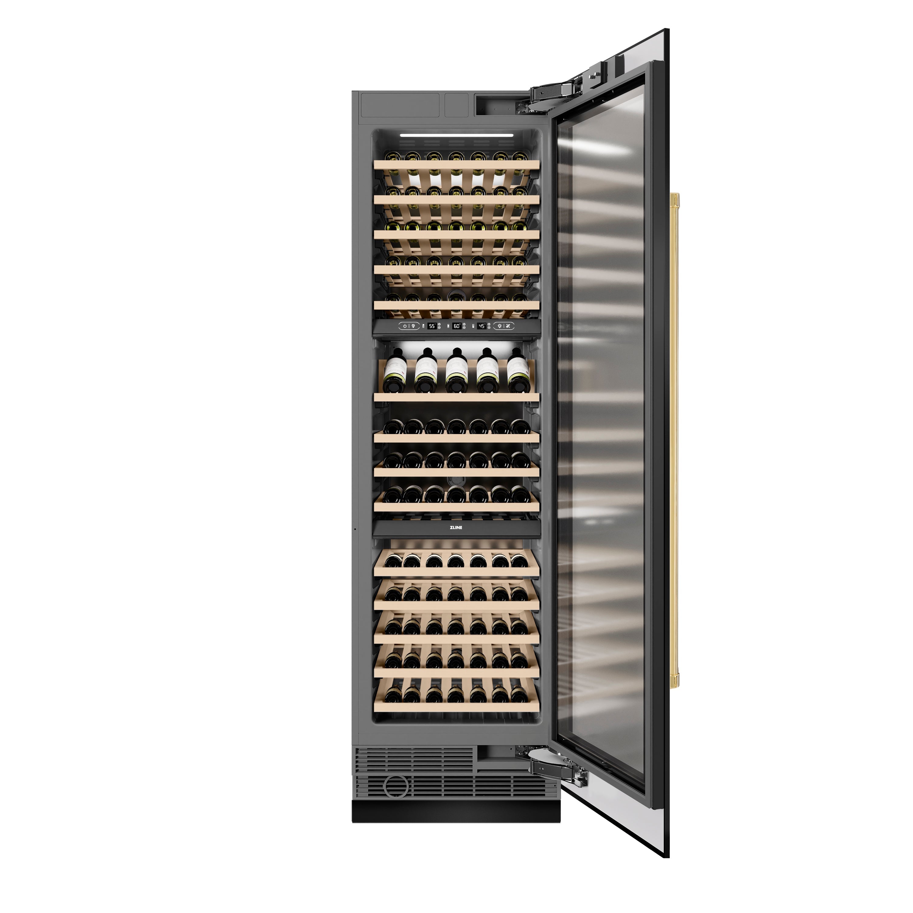 ZLINE Autograph Edition 24 in. 12.4 cu. ft. Triple Zone 100 Bottle Column Wine Cooler in Black Stainless Steel and Polished Gold Accents (RCWVZ-BS-24-G)