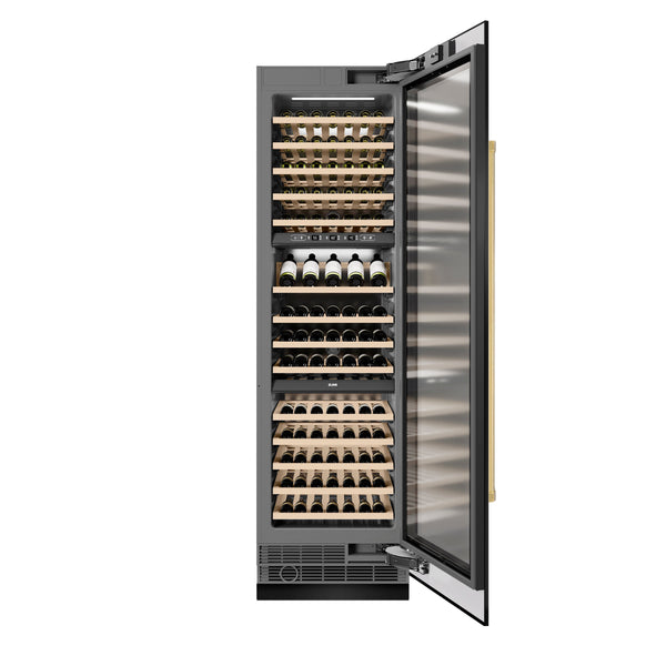 ZLINE Autograph Edition 24 in. 12.4 cu. ft. Triple Zone 100 Bottle Column Wine Cooler in Black Stainless Steel and Polished Gold Accents (RCWVZ-BS-24-G)