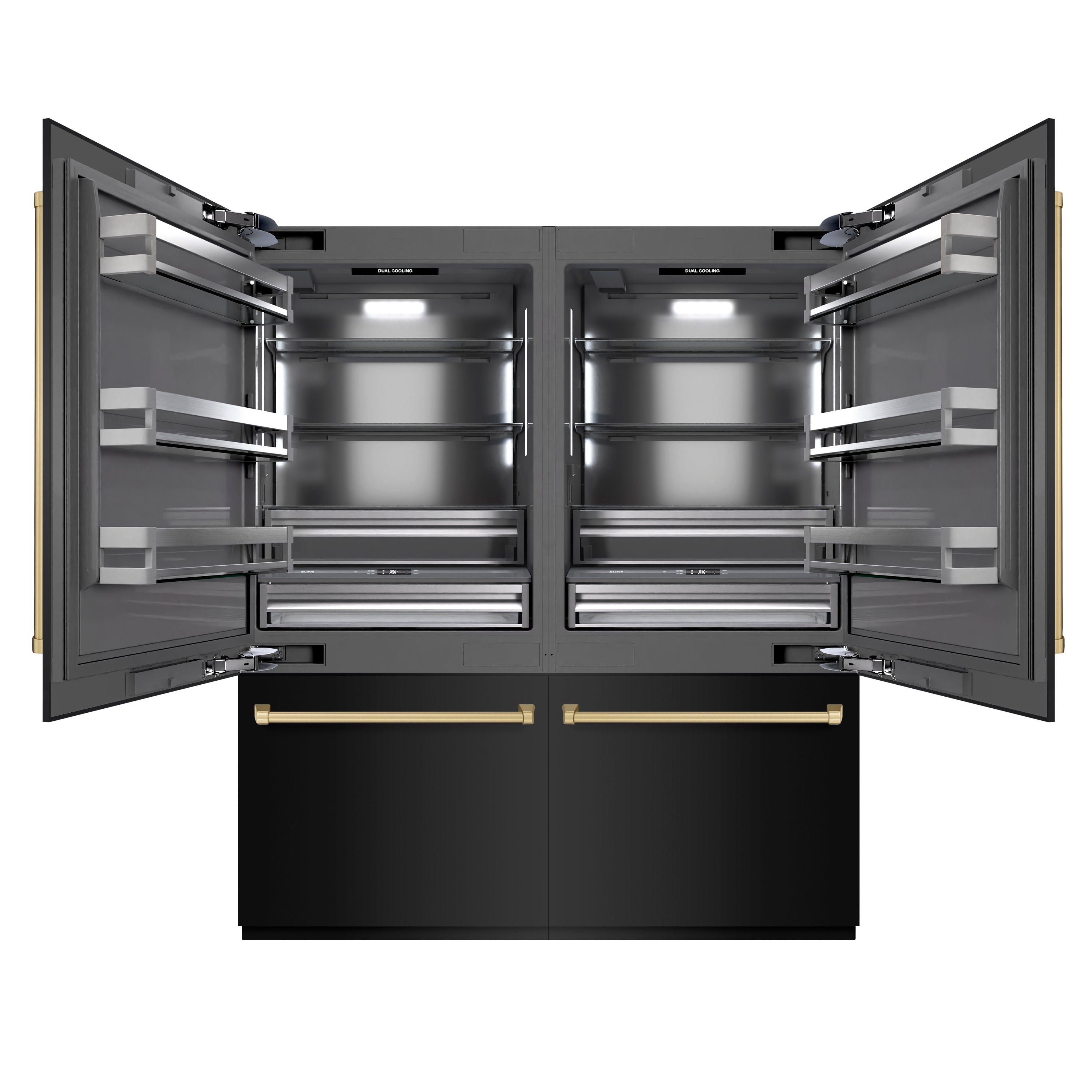ZLINE Autograph Edition 72 in. 39.6 cu. ft. French Door Built-In Bottom Freezer Refrigerator with Water Dispensers and Ice Makers in Black Stainless Steel with Graphite Gray Interior and Champagne Bronze Accents (GRBITZ-BS-72-CB)