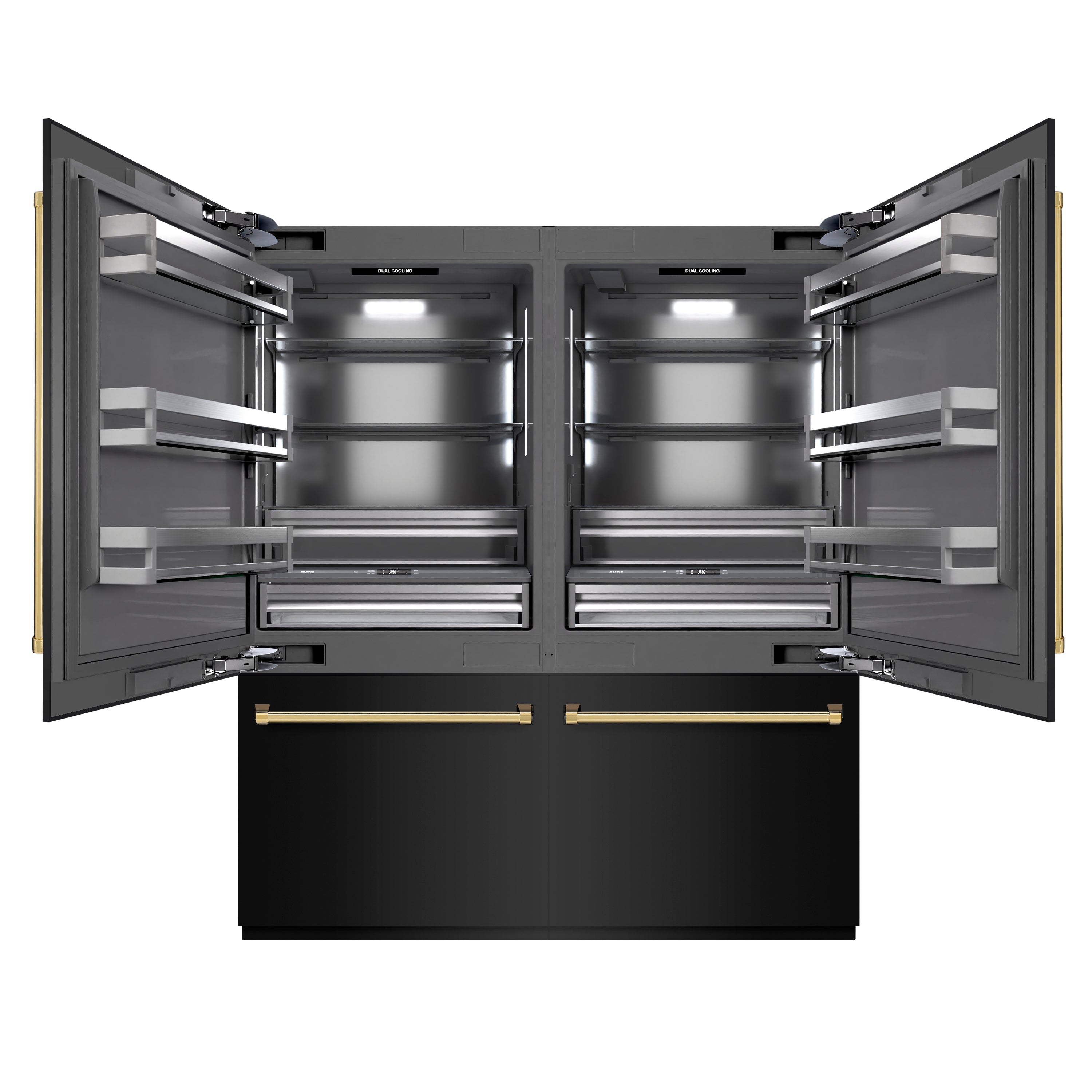 ZLINE Autograph Edition 72 in. 39.6 cu. ft. French Door Built-In Bottom Freezer Refrigerator with Water Dispensers and Ice Makers in Black Stainless Steel with Graphite Gray Interior and Polished Gold Accents (GRBITZ-BS-72-G)