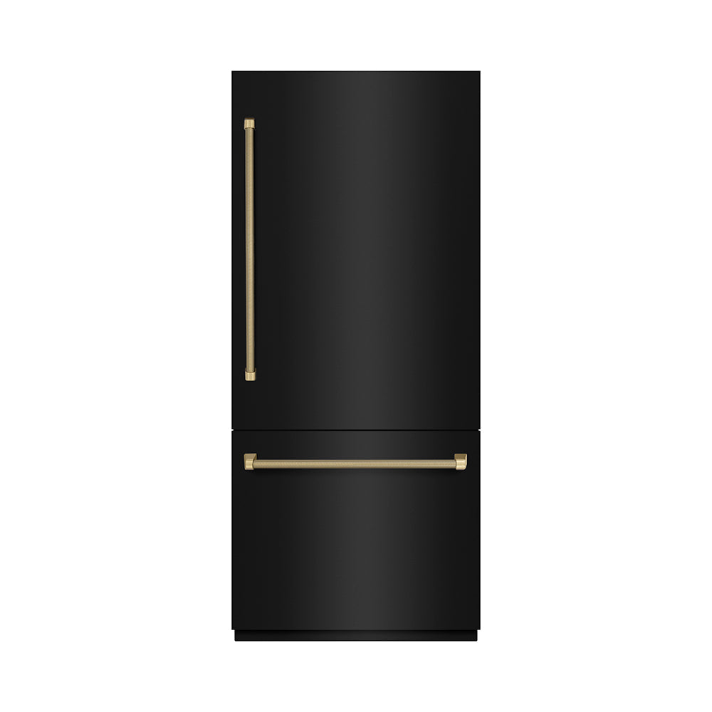 ZLINE Autograph Edition 36 in. 19.8 cu. ft. Built-In Bottom Freezer Refrigerator with Water Dispenser and Ice Maker in Black Stainless Steel with Graphite Gray Interior and Champagne Bronze Helix Handles (GRBITZ-BS36-KCB)