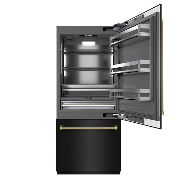 ZLINE Autograph Edition 36 in. 19.8 cu. ft. Built-In Bottom Freezer Refrigerator with Water Dispenser and Ice Maker in Black Stainless Steel with Graphite Gray Interior and Polished Gold Helix Handles (GRBITZ-BS36-KG)