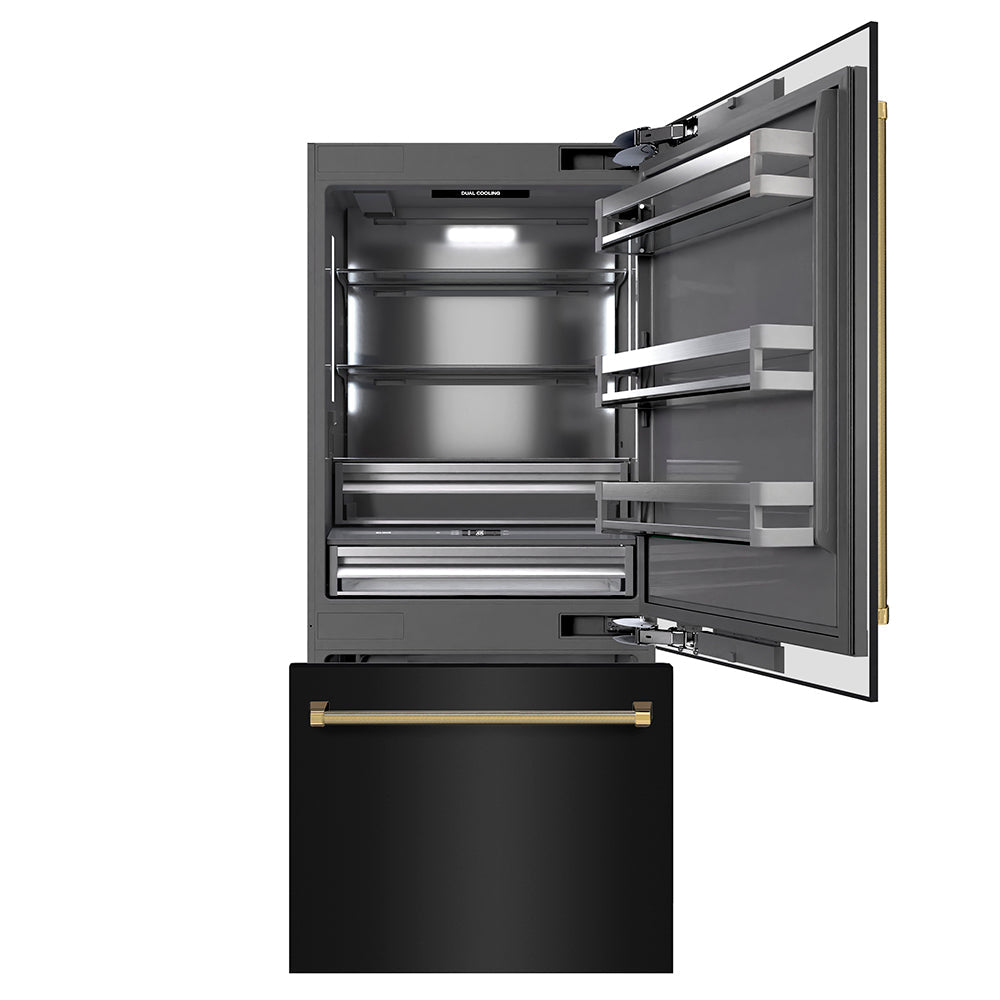 ZLINE Autograph Edition 36 in. 19.8 cu. ft. Built-In Bottom Freezer Refrigerator with Water Dispenser and Ice Maker in Black Stainless Steel with Graphite Gray Interior and Polished Gold Helix Handles (GRBITZ-BS36-KG)