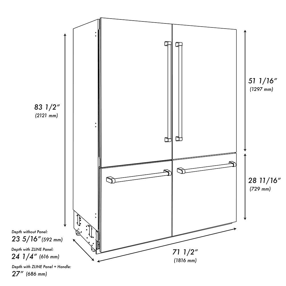 ZLINE Autograph Edition 72 in. 39.6 cu. ft. French Door Built-In Bottom Freezer Refrigerator with Water Dispensers and Ice Makers in Black Stainless Steel with Graphite Gray Interior and Champagne Bronze Helix Handles (GRBITZ-BS72-KCB)