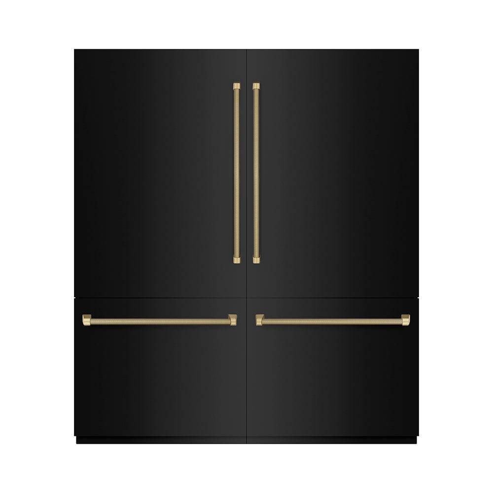 ZLINE Autograph Edition 72 in. 39.6 cu. ft. French Door Built-In Bottom Freezer Refrigerator with Water Dispensers and Ice Makers in Black Stainless Steel with Graphite Gray Interior and Champagne Bronze Helix Handles (GRBITZ-BS72-KCB)