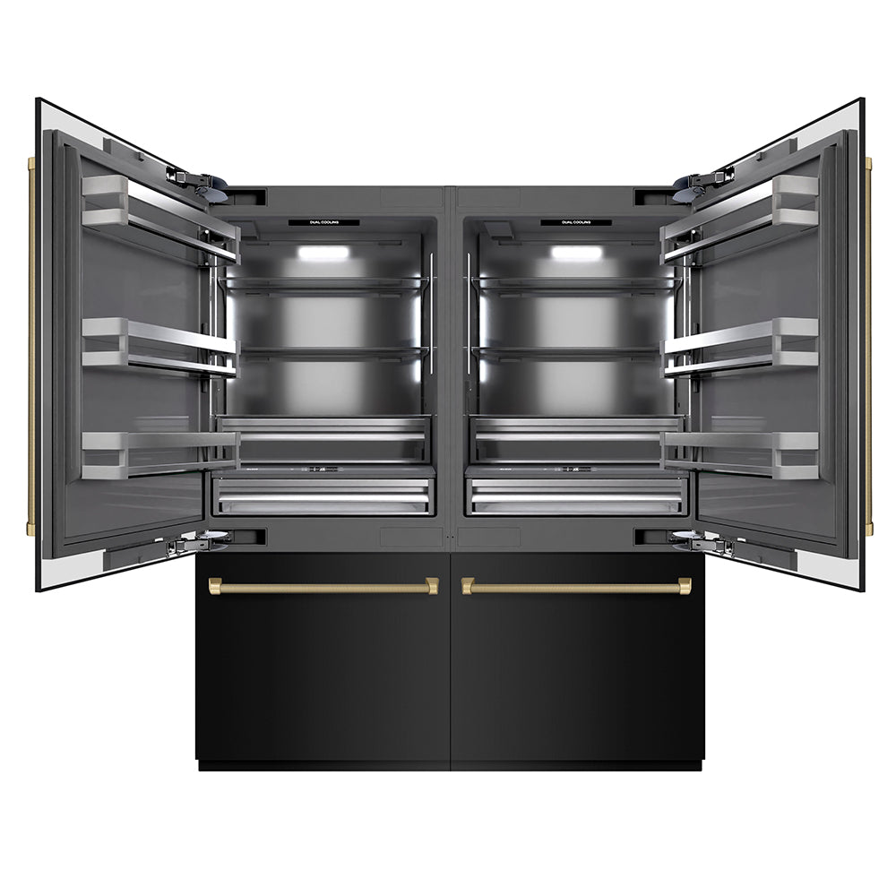 ZLINE Autograph Edition 72 in. 39.6 cu. ft. French Door Built-In Bottom Freezer Refrigerator with Water Dispensers and Ice Makers in Black Stainless Steel with Graphite Gray Interior and Champagne Bronze Helix Handles (GRBITZ-BS72-KCB)