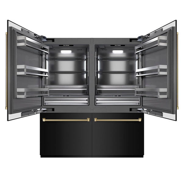 ZLINE Autograph Edition 72 in. 39.6 cu. ft. French Door Built-In Bottom Freezer Refrigerator with Water Dispensers and Ice Makers in Black Stainless Steel with Graphite Gray Interior and Champagne Bronze Helix Handles (GRBITZ-BS72-KCB)