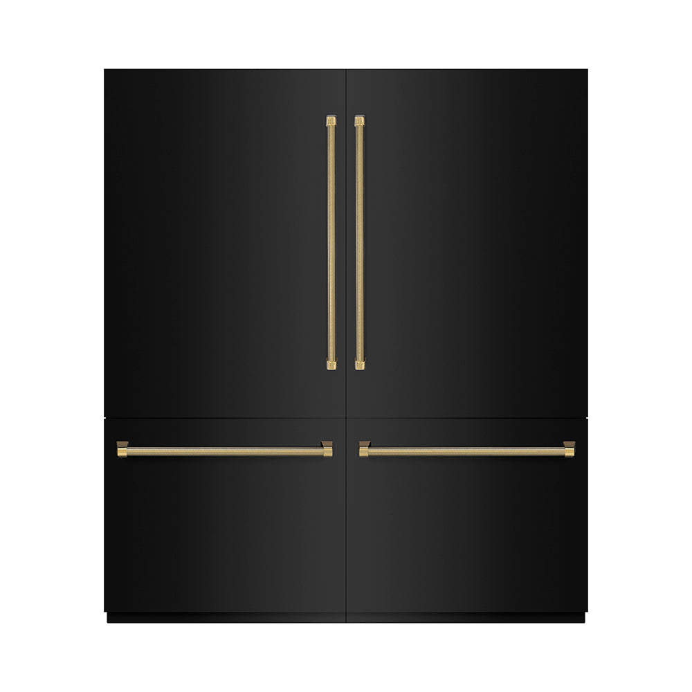 ZLINE Autograph Edition 72 in. 39.6 cu. ft. French Door Built-In Bottom Freezer Refrigerator with Water Dispensers and Ice Makers in Black Stainless Steel with Graphite Gray Interior and Polished Gold Helix Handles (GRBITZ-BS-72-KG)