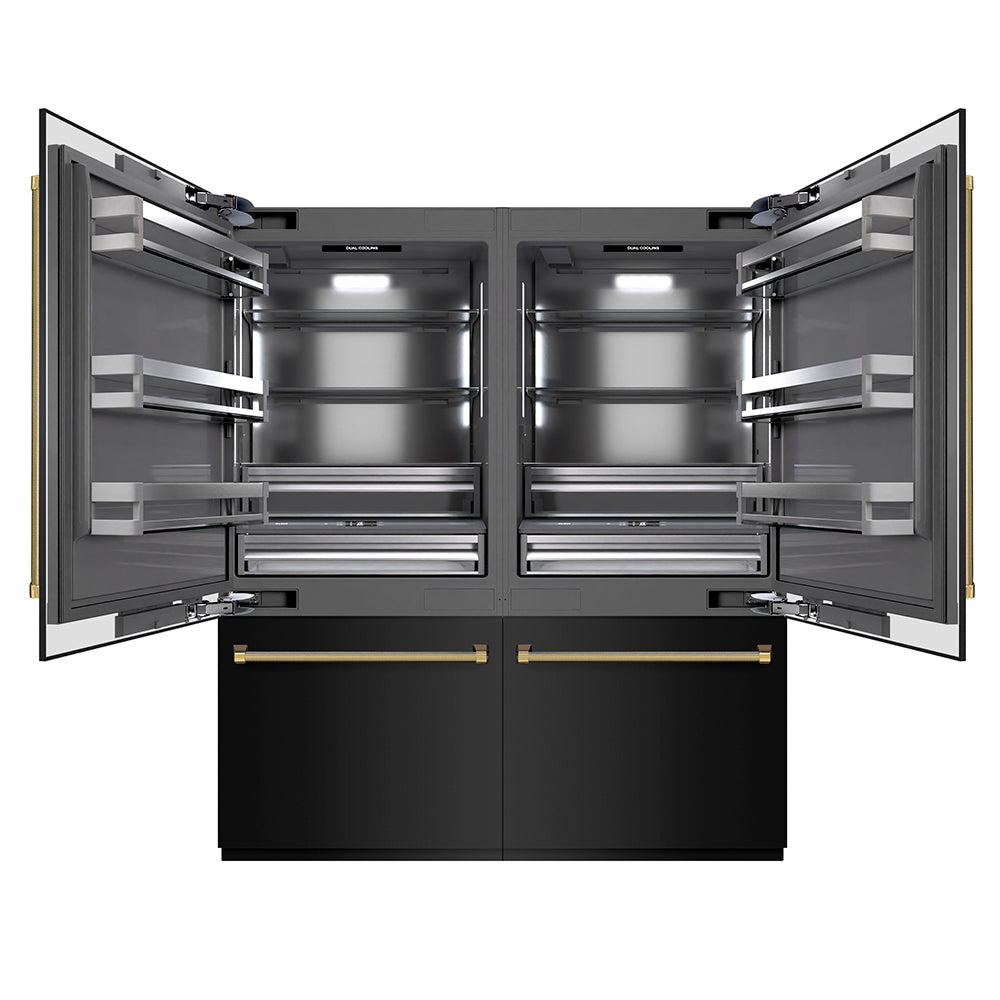 ZLINE Autograph Edition 72 in. 39.6 cu. ft. French Door Built-In Bottom Freezer Refrigerator with Water Dispensers and Ice Makers in Black Stainless Steel with Graphite Gray Interior and Polished Gold Helix Handles (GRBITZ-BS-72-KG)