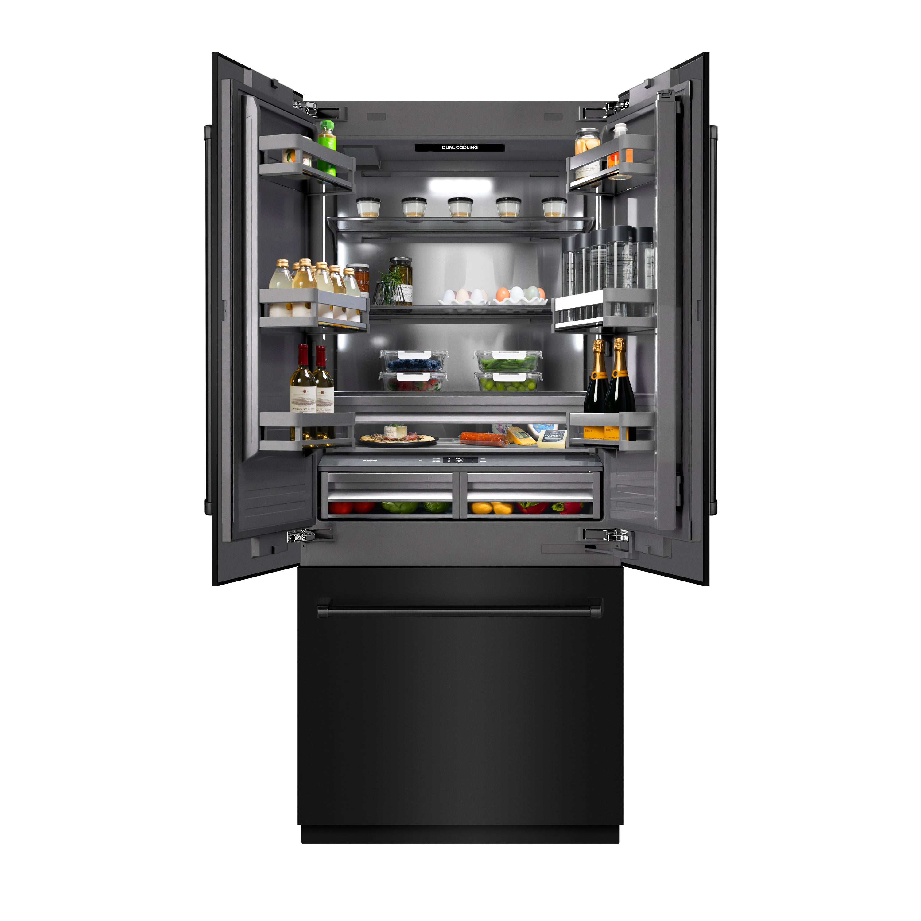 ZLINE 36 in. 19.6 cu. ft. French Door Built-In Bottom Freezer Refrigerator with Water Dispenser and Ice Maker in Black Stainless Steel with Graphite Gray Interior (GRBIV-BS-36)