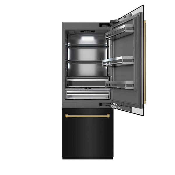 ZLINE Autograph Edition 30 in. 16.1 cu. ft. Built-In Bottom Freezer Refrigerator with Water Dispenser and Ice Maker in Black Stainless Steel with Graphite Gray Interior and Polished Gold Helix Handles (GRBIVZ-BS30KG)