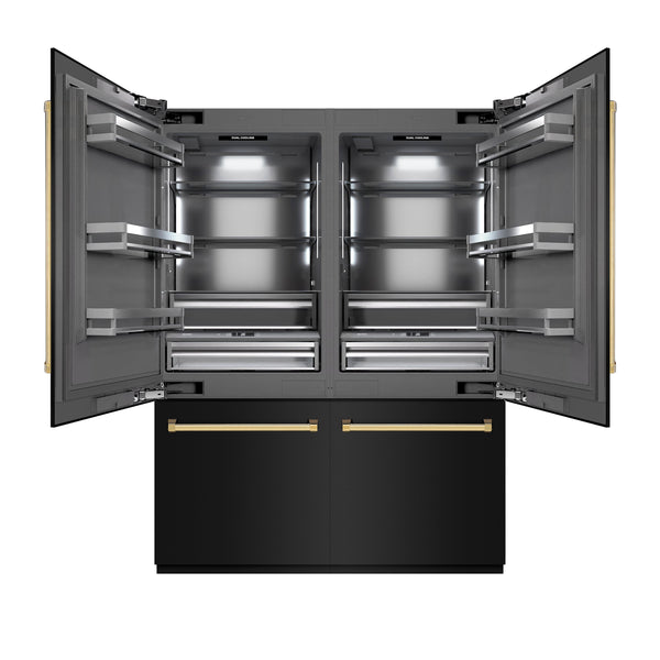 ZLINE Autograph Edition 60 in. 32.2 cu. ft. French Door Built-In Bottom Freezer Refrigerator with Water Dispenser and Ice Maker in Black Stainless Steel with Graphite Gray Interior and Polished Gold Accents (GRBIVZ-BS-60-G)