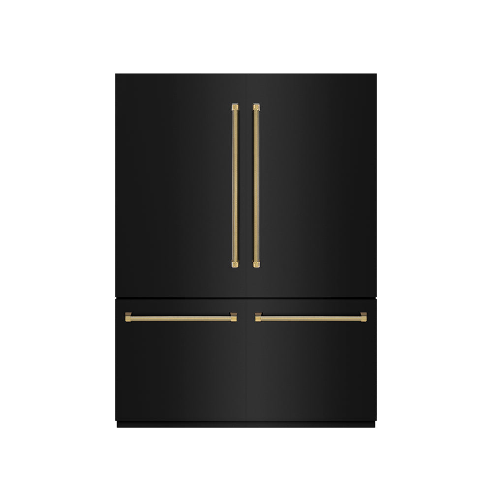 ZLINE Autograph Edition 60 in. 32.2 cu. ft. French Door Built-In Bottom Freezer Refrigerator with Water Dispenser and Ice Maker in Black Stainless Steel with Graphite Gray Interior and Polished Gold Helix Handles (GRBIVZ-BS60KG)