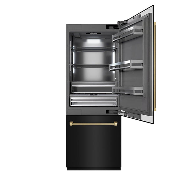 ZLINE Autograph Edition 30 in. 16.1 cu. ft. Built-In Bottom Freezer Refrigerator with Water Dispenser and Ice Maker in Black Stainless Steel with Graphite Gray Interior and Champagne Bronze Helix Handles (GRBIVZ-BS30KCB)