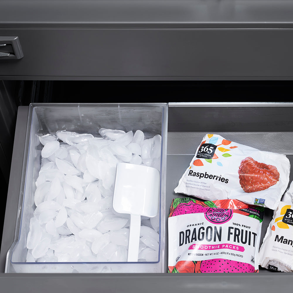 ZLINE Autograph Edition 36 in. 19.6 cu. ft. French Door Built-In Bottom Freezer Refrigerator with Water Dispenser and Ice Maker in Black Stainless Steel with Graphite Gray Interior and Champagne Bronze Helix Handles (GRBIVZ-BS36KCB)