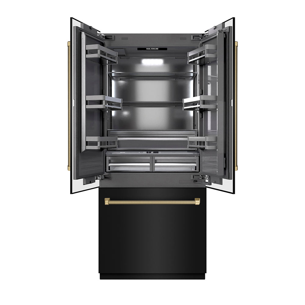 ZLINE Autograph Edition 36 in. 19.6 cu. ft. French Door Built-In Bottom Freezer Refrigerator with Water Dispenser and Ice Maker in Black Stainless Steel with Graphite Gray Interior and Champagne Bronze Helix Handles (GRBIVZ-BS36KCB)