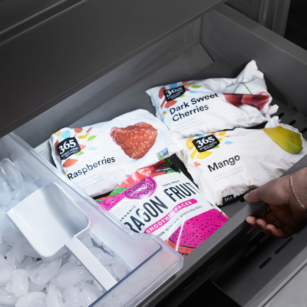 ZLINE Autograph Edition 60 in. 32.2 cu. ft. French Door Built-In Bottom Freezer Refrigerator with Water Dispenser and Ice Maker in Black Stainless Steel with Graphite Gray Interior and Champagne Bronze Helix Handles (GRBIVZ-BS60KCB)