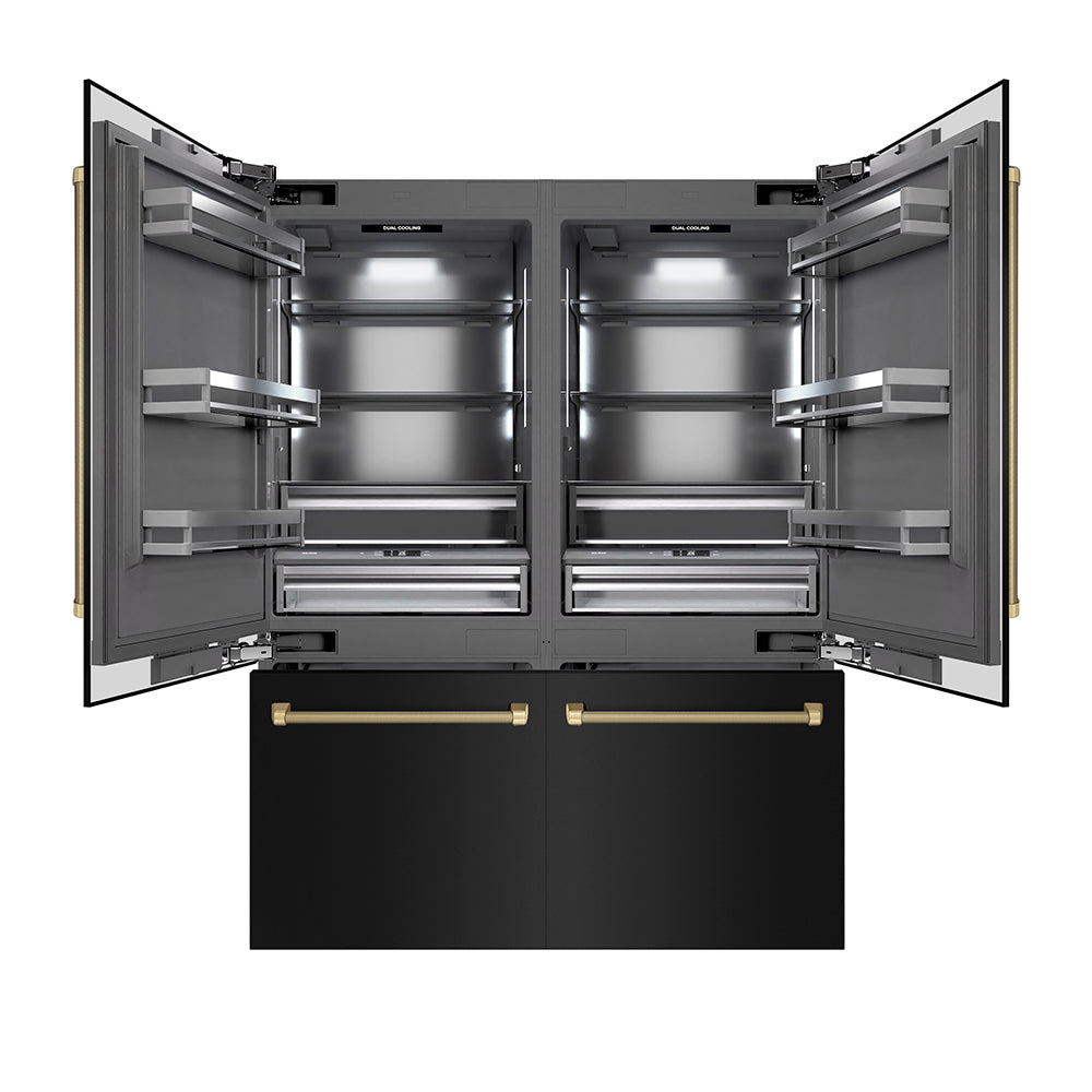 ZLINE Autograph Edition 60 in. 32.2 cu. ft. French Door Built-In Bottom Freezer Refrigerator with Water Dispenser and Ice Maker in Black Stainless Steel with Graphite Gray Interior and Champagne Bronze Helix Handles (GRBIVZ-BS60KCB)