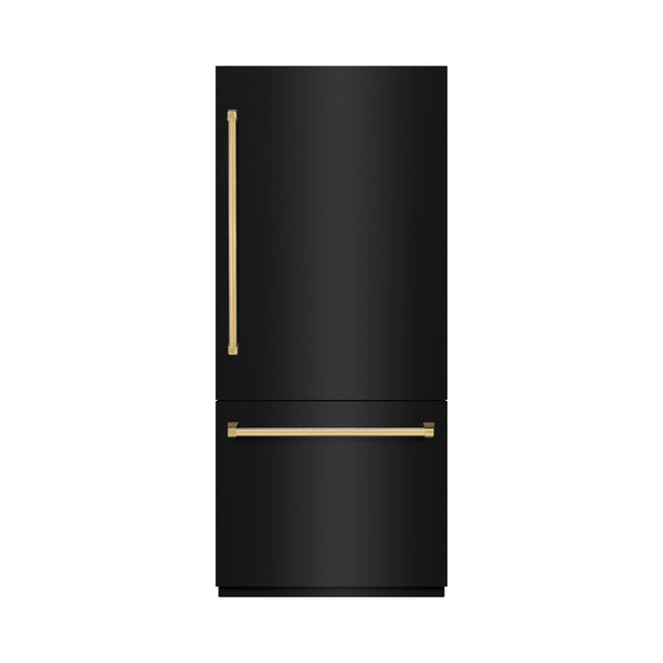 ZLINE Autograph Edition 36 in. 19.8 cu. ft. Built-In Bottom Freezer Refrigerator with Water Dispenser and Ice Maker in Black Stainless Steel and Polished Gold Accents (RBITZ-BS-36-G)