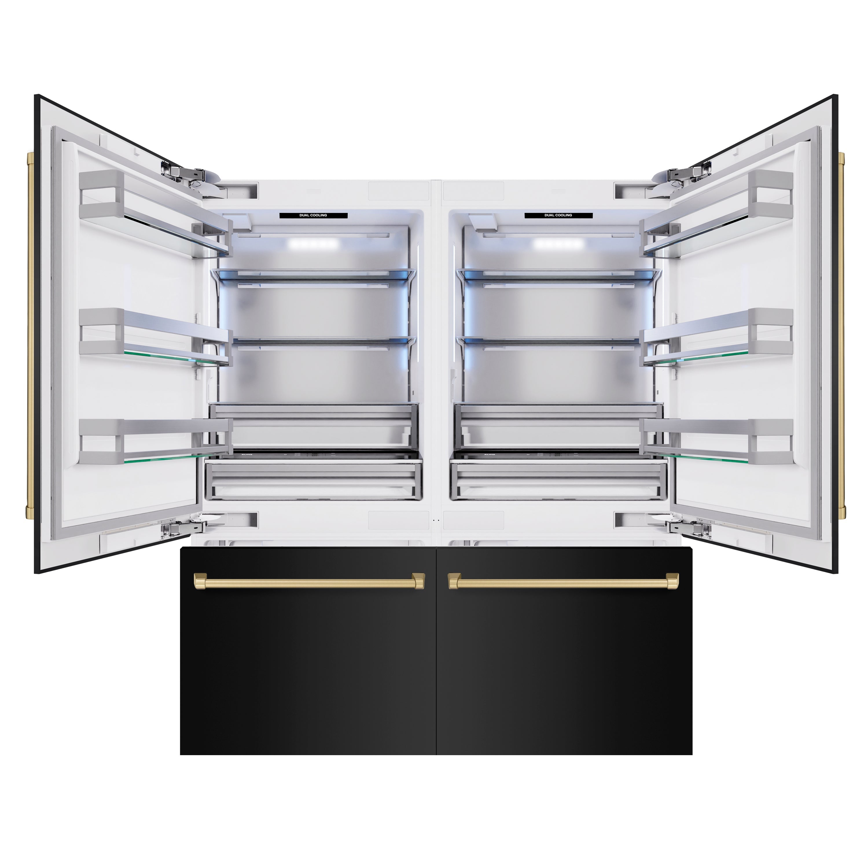 ZLINE Autograph Edition 72 in. 39.6 cu. ft. French Door Built-In Bottom Freezer Refrigerator with Water Dispensers and Ice Makers in Black Stainless Steel and Champagne Bronze Accents (RBITZ-BS-72-CB)