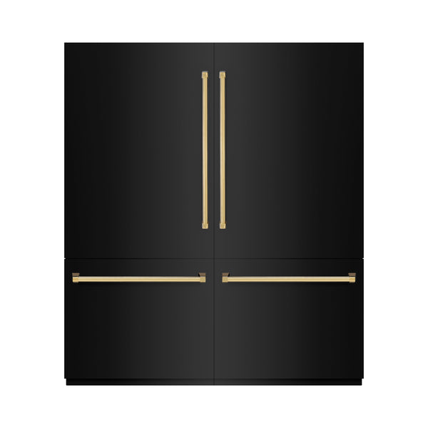 ZLINE Autograph Edition 72 in. 39.6 cu. ft. French Door Built-In Bottom Freezer Refrigerator with Water Dispensers and Ice Makers in Black Stainless Steel and Polished Gold Accents (RBITZ-BS-72-G)