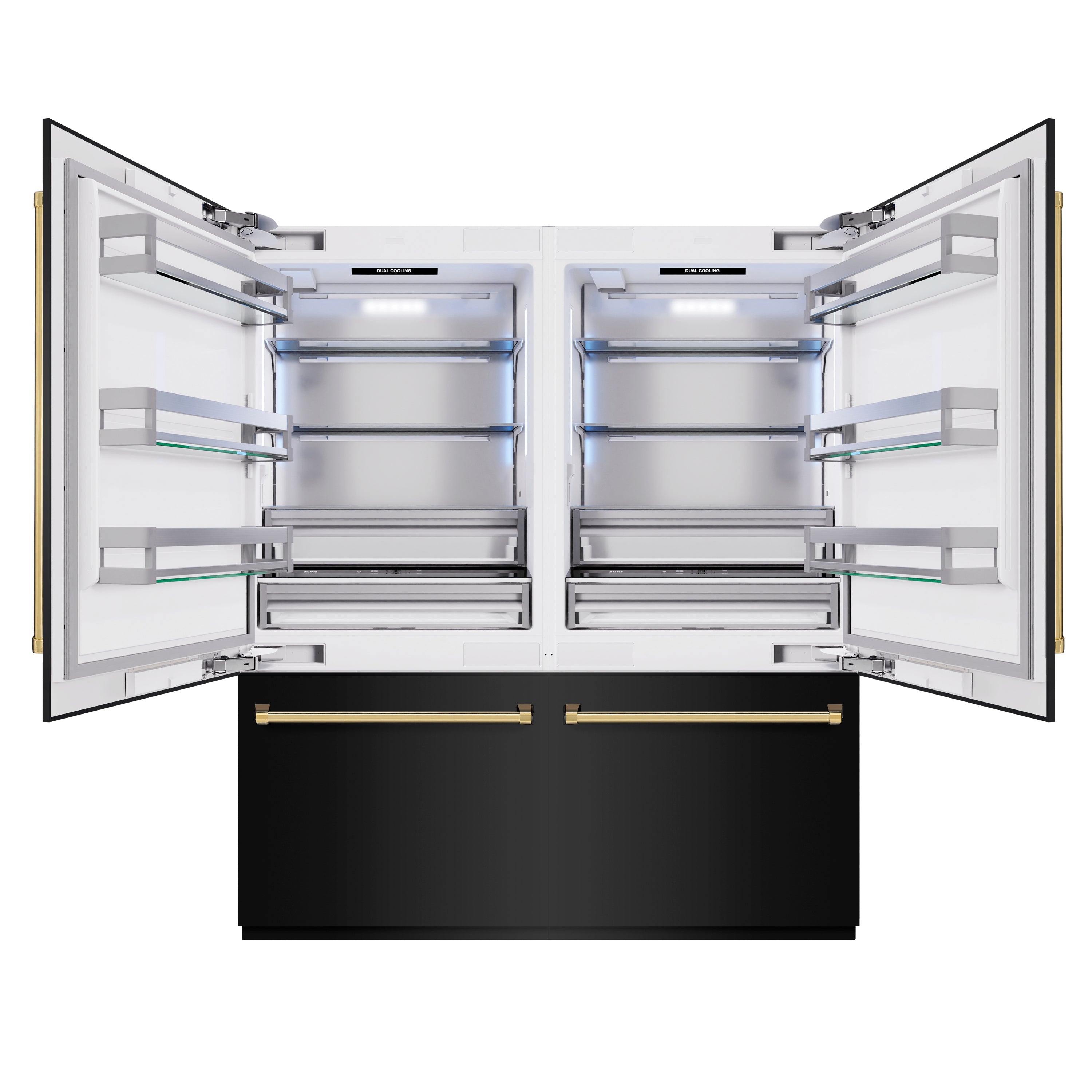 ZLINE Autograph Edition 72 in. 39.6 cu. ft. French Door Built-In Bottom Freezer Refrigerator with Water Dispensers and Ice Makers in Black Stainless Steel and Polished Gold Accents (RBITZ-BS-72-G)