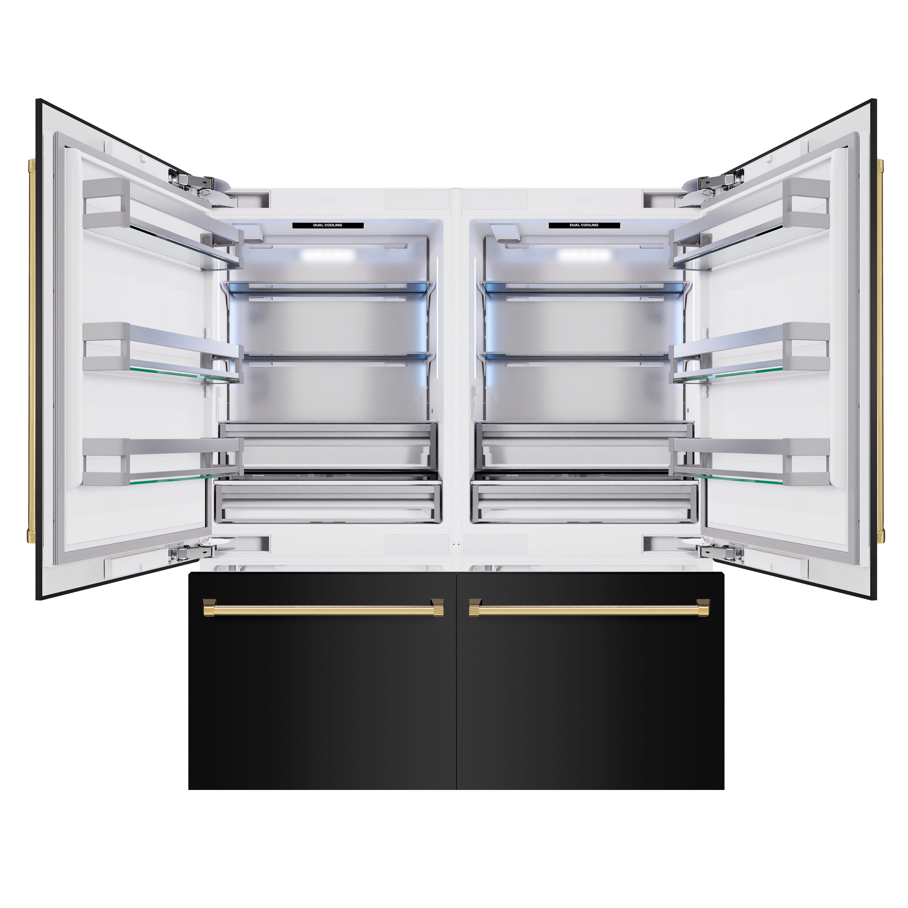 ZLINE Autograph Edition 72 in. 39.6 cu. ft. French Door Built-In Bottom Freezer Refrigerator with Water Dispensers and Ice Makers in Black Stainless Steel and Polished Gold Accents (RBITZ-BS-72-G)