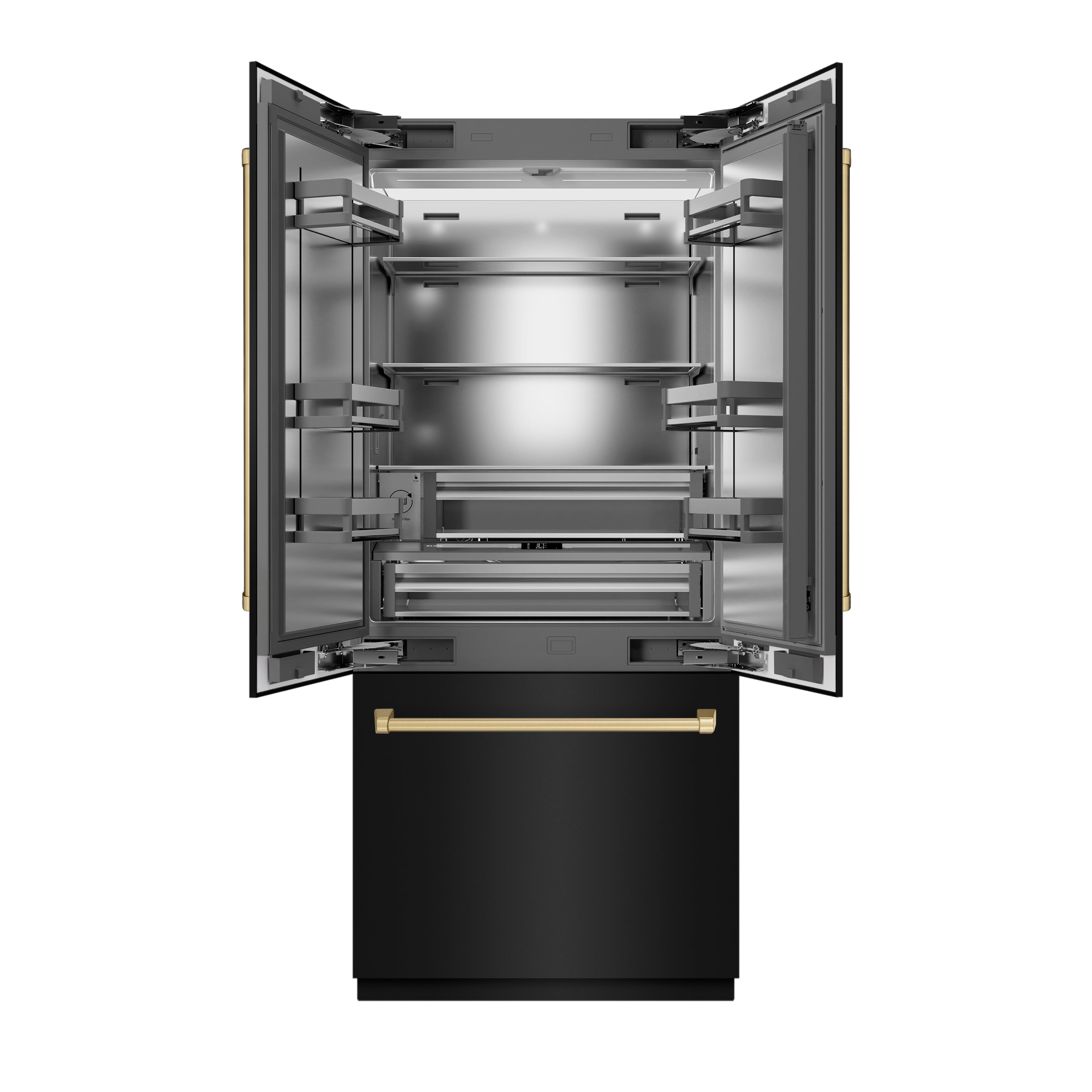 ZLINE Autograph Edition 36 in. 19.6 cu. ft. French Door Built-In Bottom Freezer Refrigerator with Water Dispenser and Ice Maker in Black Stainless Steel with Stainless Steel Interior and Champagne Bronze Accents (SRBIVZ-BS-36-CB)