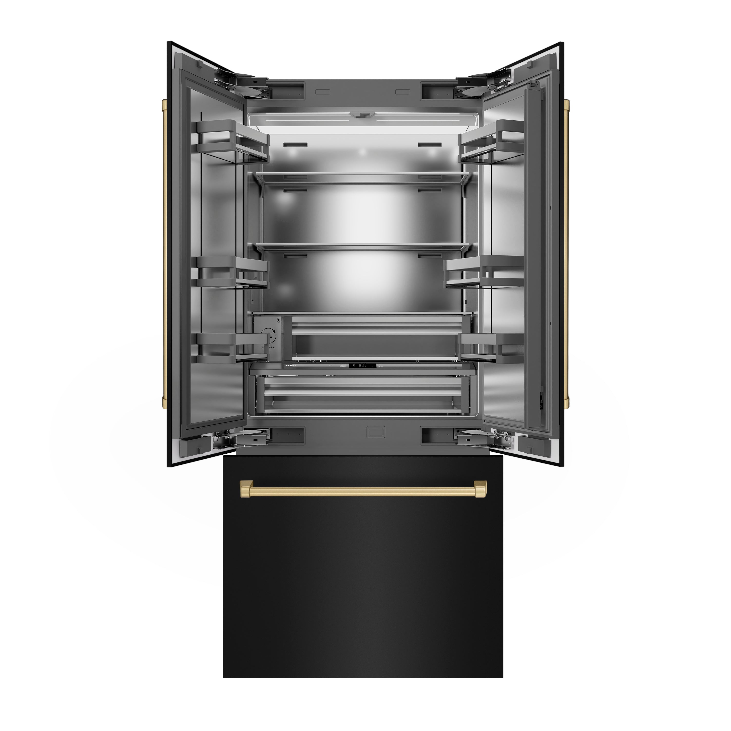 ZLINE Autograph Edition 36 in. 19.6 cu. ft. French Door Built-In Bottom Freezer Refrigerator with Water Dispenser and Ice Maker in Black Stainless Steel with Stainless Steel Interior and Champagne Bronze Accents (SRBIVZ-BS-36-CB)