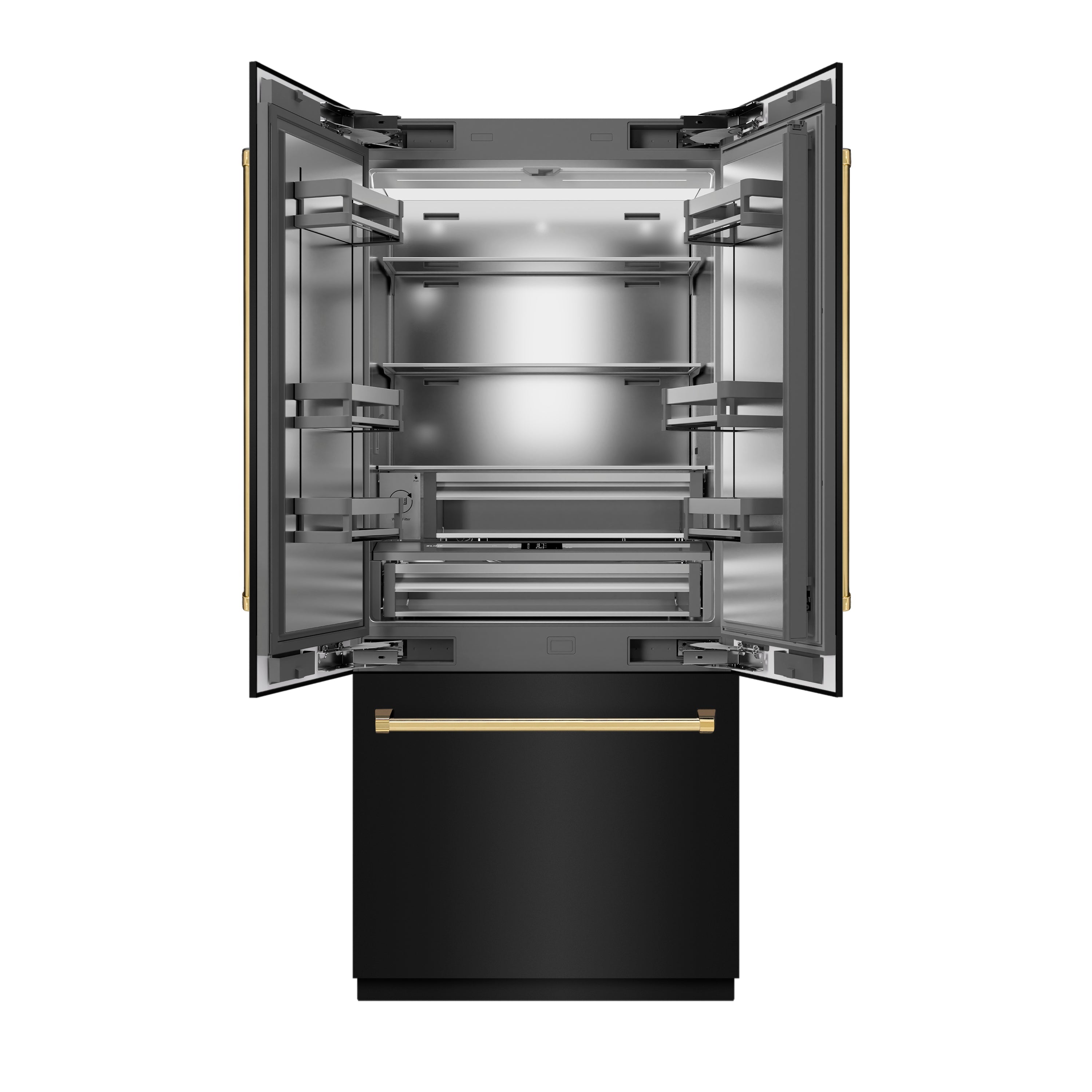 ZLINE Autograph Edition 36 in. 19.6 cu. ft. French Door Built-In Bottom Freezer Refrigerator with Water Dispenser and Ice Maker in Black Stainless Steel with Stainless Steel Interior and Polished Gold Accents (SRBIVZ-BS-36-G)