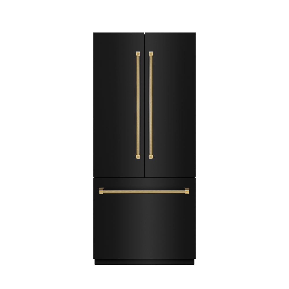 ZLINE Autograph Edition 36 in. 19.6 cu. ft. French Door Built-In Bottom Freezer Refrigerator with Water Dispenser and Ice Maker in Black Stainless Steel with Stainless Steel Interior and Polished Gold Helix Handles (SRBIVZ-BS36KG)