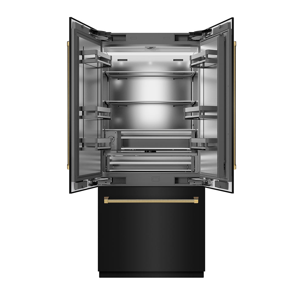 ZLINE Autograph Edition 36 in. 19.6 cu. ft. French Door Built-In Bottom Freezer Refrigerator with Water Dispenser and Ice Maker in Black Stainless Steel with Stainless Steel Interior and Polished Gold Helix Handles (SRBIVZ-BS36KG)