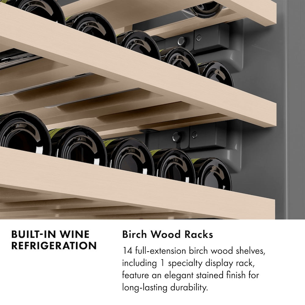 ZLINE Autograph Edition 24 in. 12.4 cu. ft. Triple Zone 100 Bottle Column Wine Cooler in Stainless Steel and Champagne Bronze Accents (RCWVZ-304-24-CB)