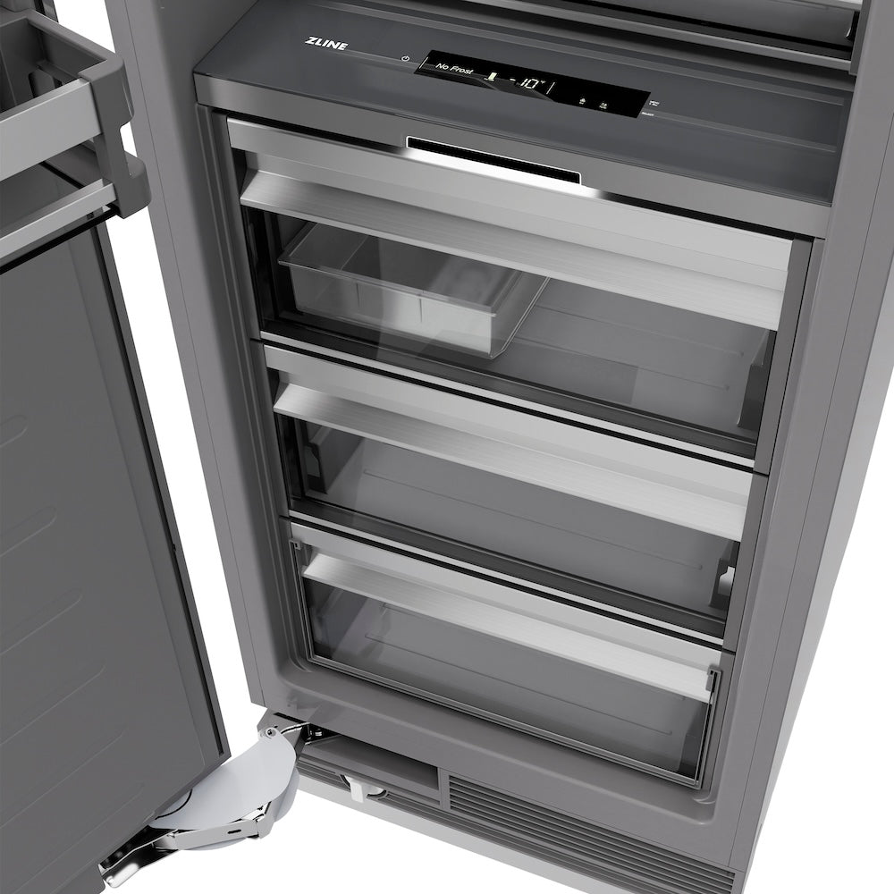 ZLINE Autograph Edition 18 in. 8.6 cu. ft. Left Hinge Column Freezer in Satin Stainless Steel with Graphite Gray Interior and Champagne Bronze Accents (RCFVLZ-SN-18-CB)