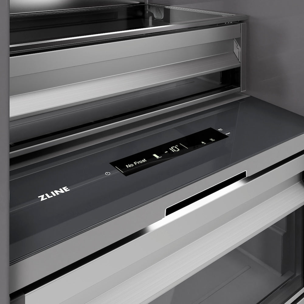 ZLINE Autograph Edition 18 in. 8.6 cu. ft. Left Hinge Column Freezer in Satin Stainless Steel with Graphite Gray Interior and Champagne Bronze Accents (RCFVLZ-SN-18-CB)