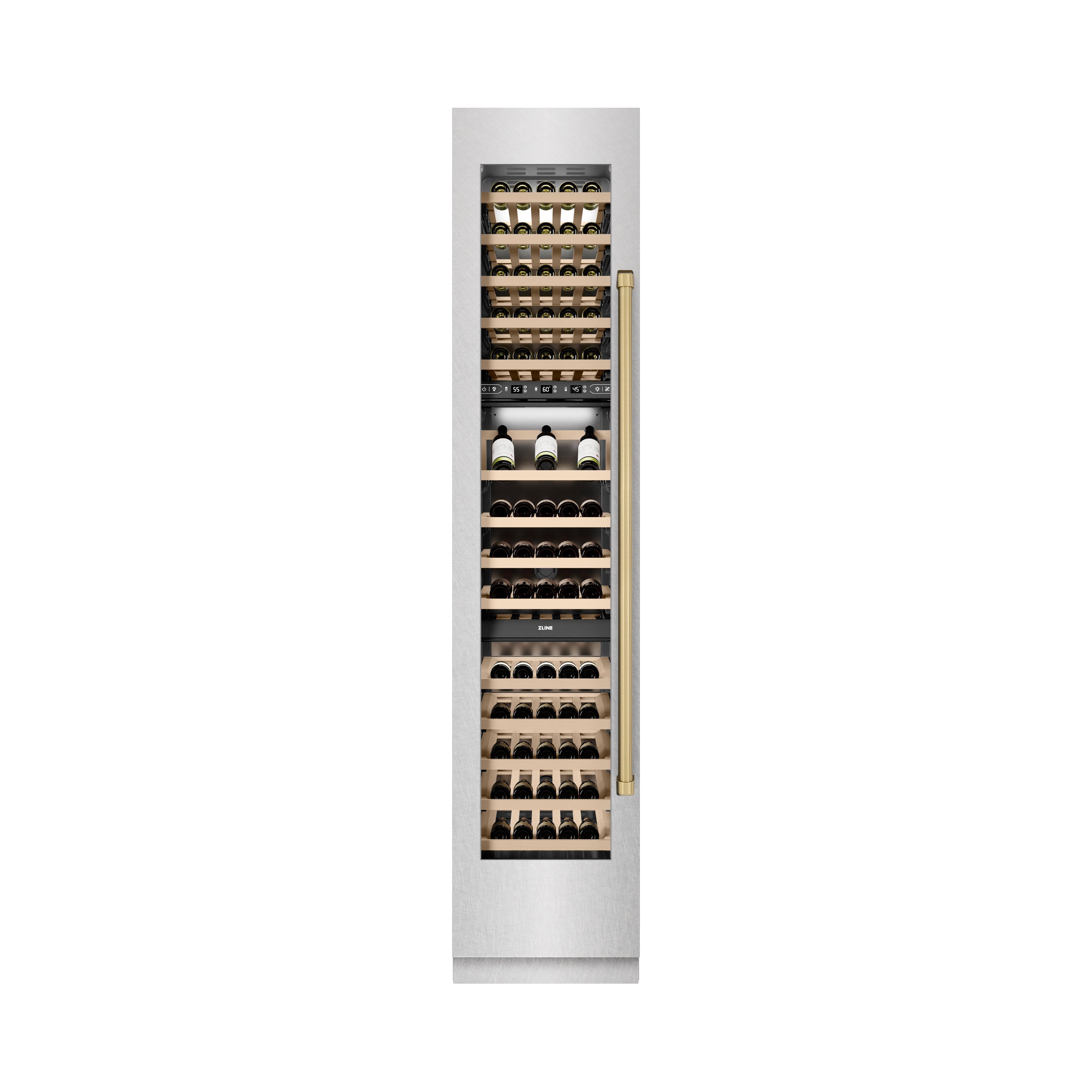 ZLINE Autograph Edition 18 in. 9.0 cu. ft. Triple Zone 68 Bottle Left Hinge Column Wine Cooler in Satin Stainless Steel with Champagne Bronze Accents (RCWVLZ-SN-18-CB)