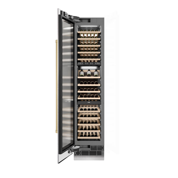 ZLINE Autograph Edition 18 in. 9.0 cu. ft. Triple Zone 68 Bottle Left Hinge Column Wine Cooler in Satin Stainless Steel with Champagne Bronze Accents (RCWVLZ-SN-18-CB)