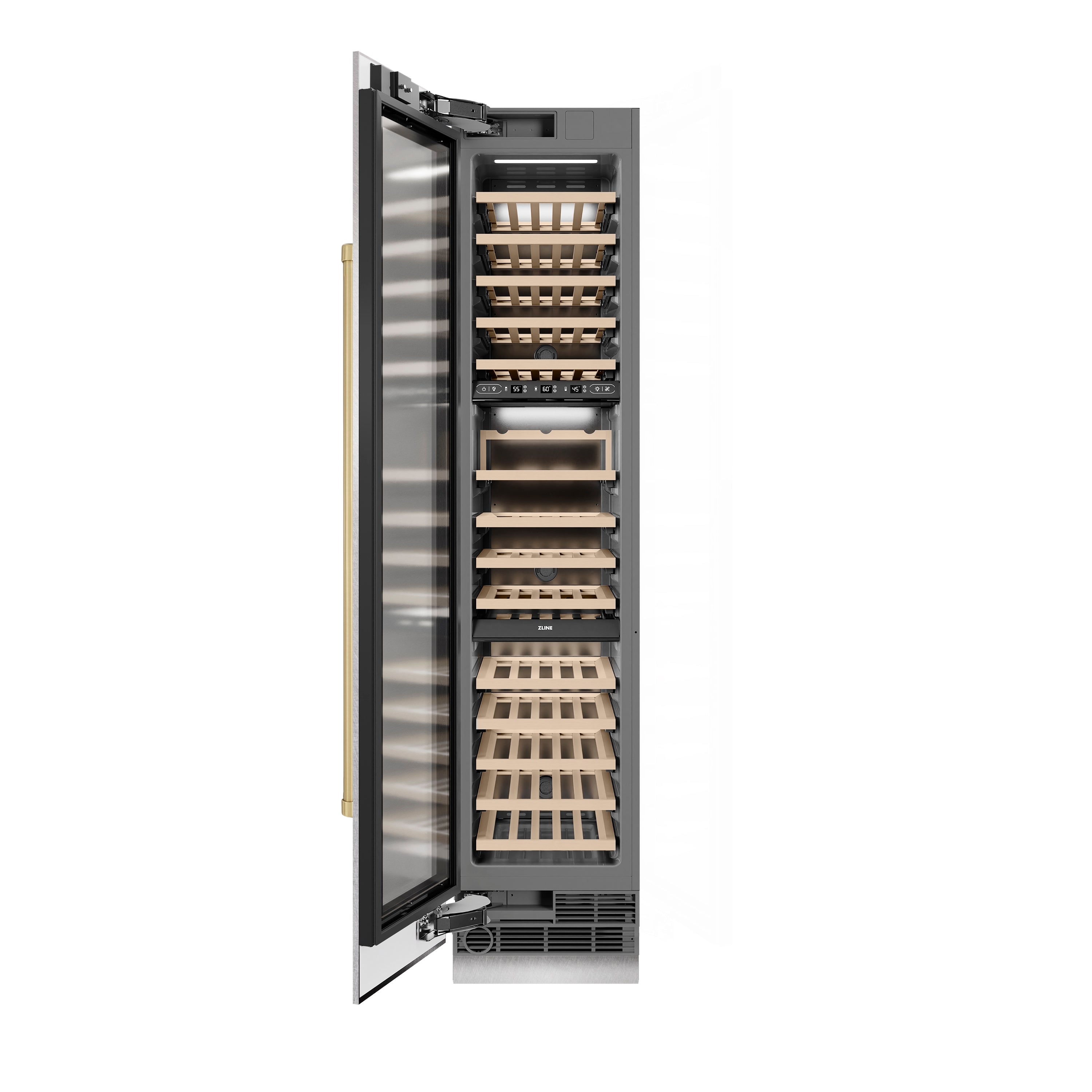 ZLINE Autograph Edition 18 in. 9.0 cu. ft. Triple Zone 68 Bottle Left Hinge Column Wine Cooler in Satin Stainless Steel with Champagne Bronze Accents (RCWVLZ-SN-18-CB)