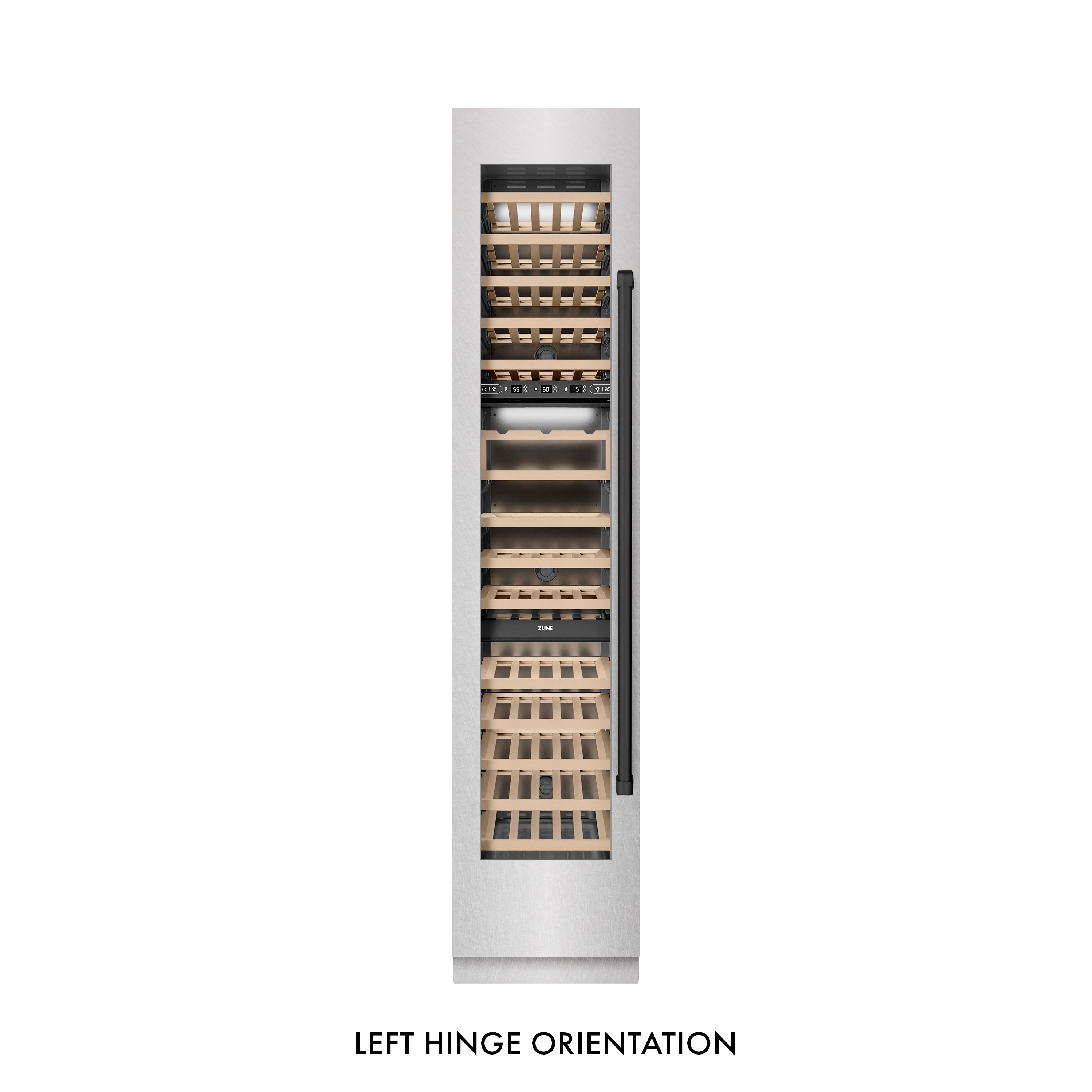 ZLINE Autograph Edition 18 in. 9.0 cu. ft. Triple Zone 68 Bottle Left Hinge Column Wine Cooler in Satin Stainless Steel with Matte Black Accents (RCWVLZ-SN-18-MB)