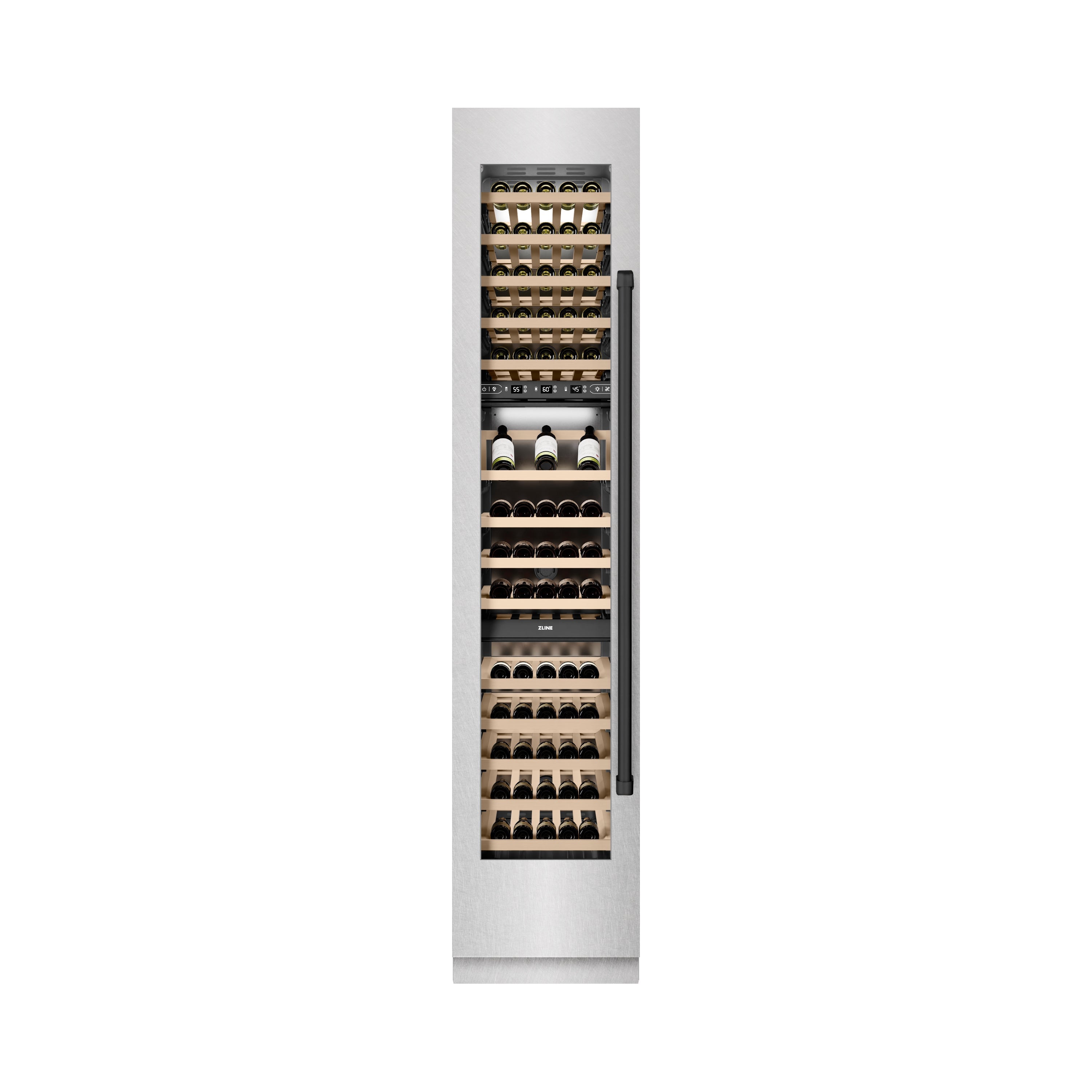 ZLINE Autograph Edition 18 in. 9.0 cu. ft. Triple Zone 68 Bottle Left Hinge Column Wine Cooler in Satin Stainless Steel with Matte Black Accents (RCWVLZ-SN-18-MB)