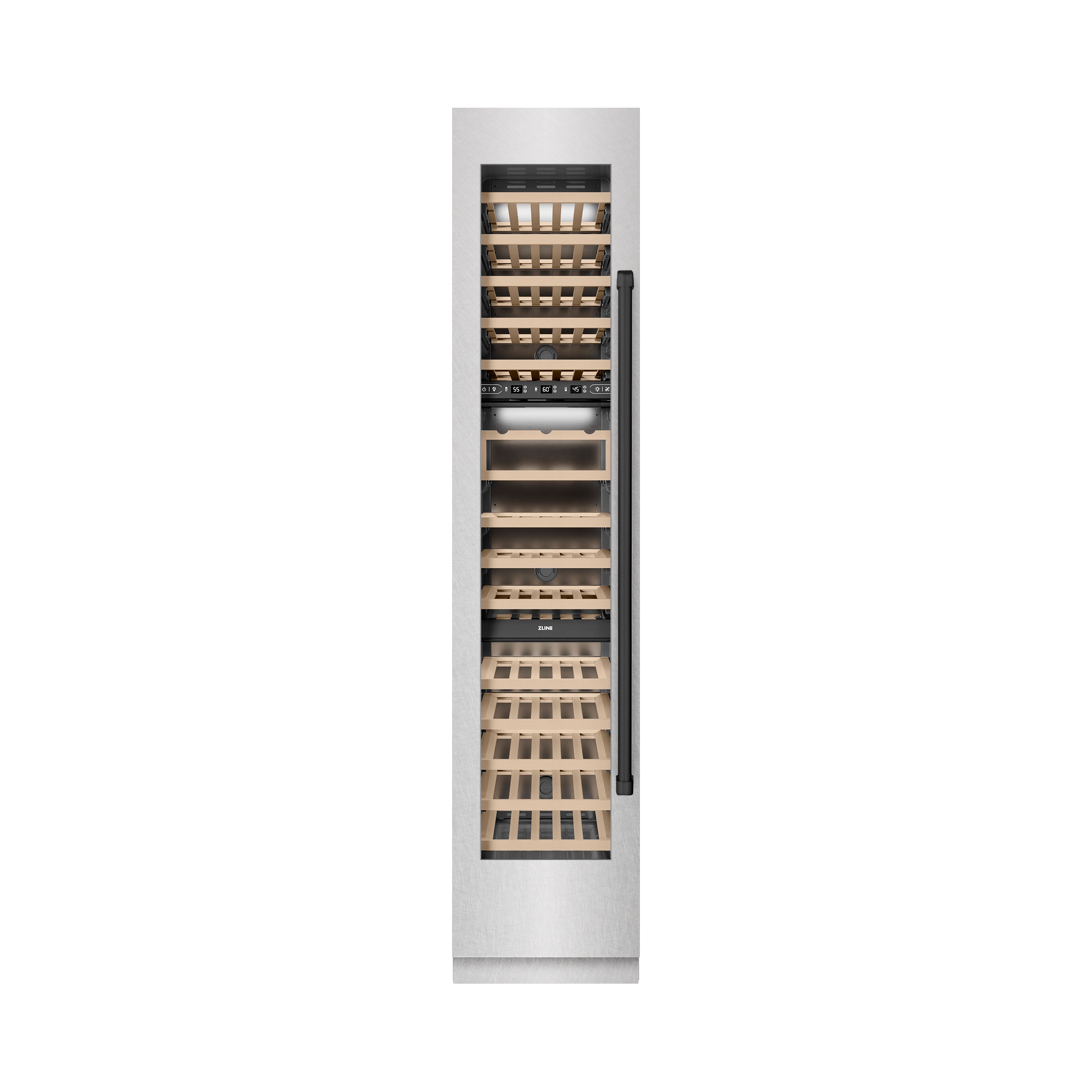 ZLINE Autograph Edition 18 in. 9.0 cu. ft. Triple Zone 68 Bottle Left Hinge Column Wine Cooler in Satin Stainless Steel with Matte Black Accents (RCWVLZ-SN-18-MB)