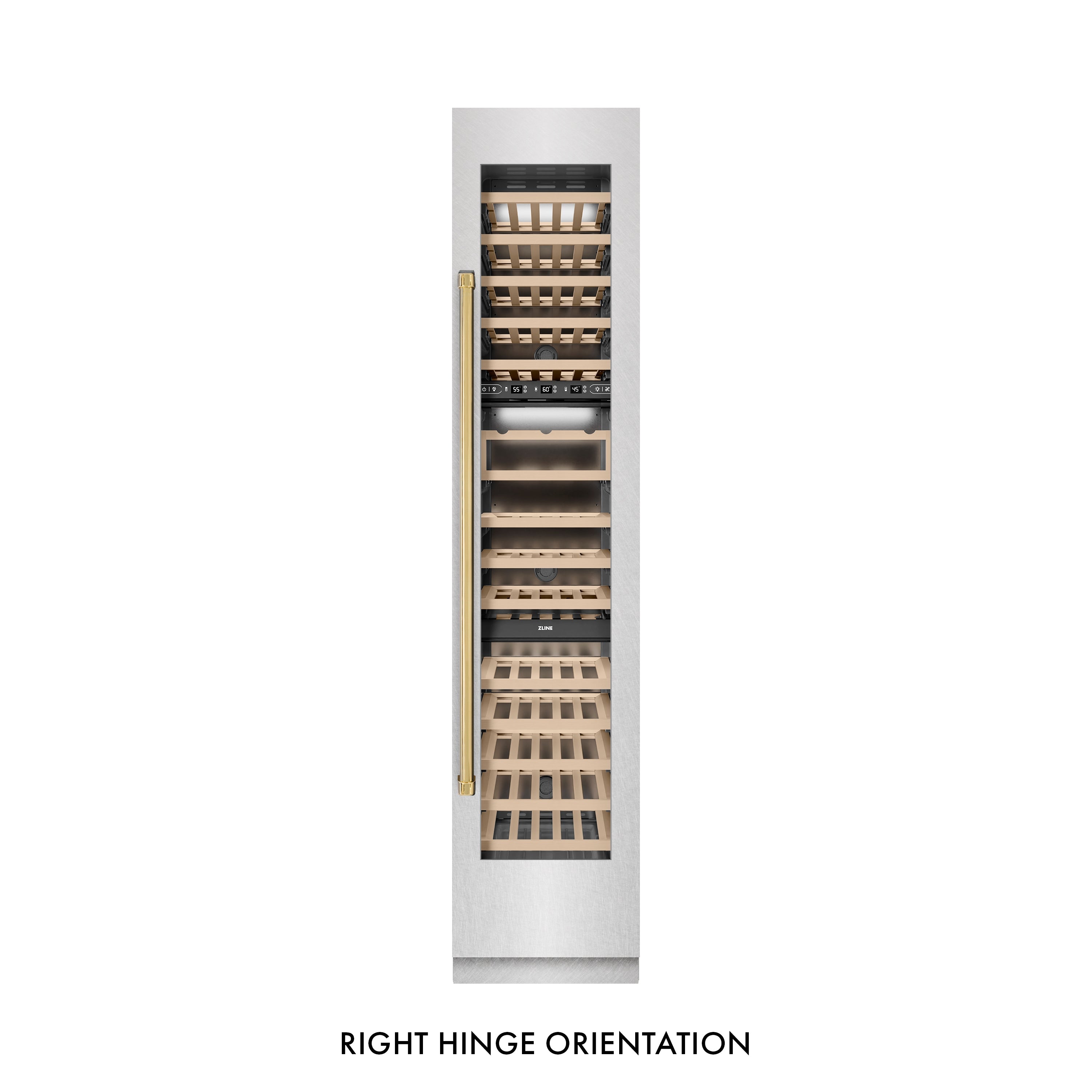 ZLINE Autograph Edition 18 in. 9.0 cu. ft. Triple Zone 68 Bottle Right Hinge Column Wine Cooler in Satin Stainless Steel with Polished Gold Accents (RCWVRZ-SN-18-G)